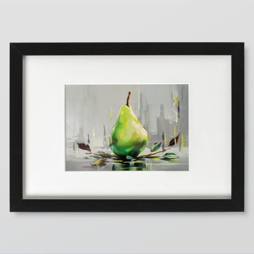 Black-framed print of a green pear on a grey abstract background with dark brushstrokes.